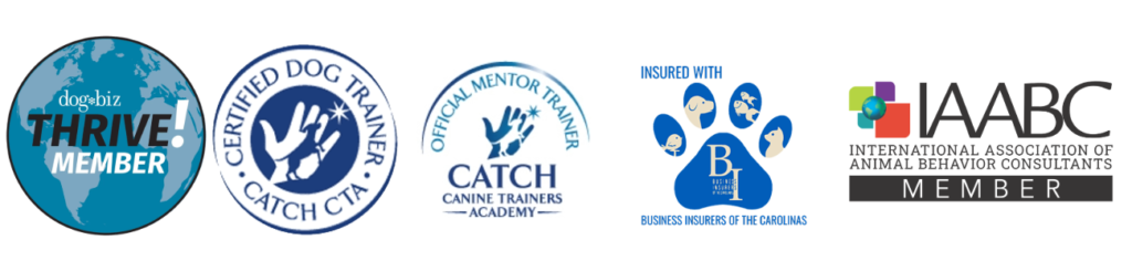 Professional accreditations: dogbiz THRIVE, CATCH Certified Dog Trainer, CATCH Official Mentor Trainer, Business Insurers of the Carolinas, and IAABC