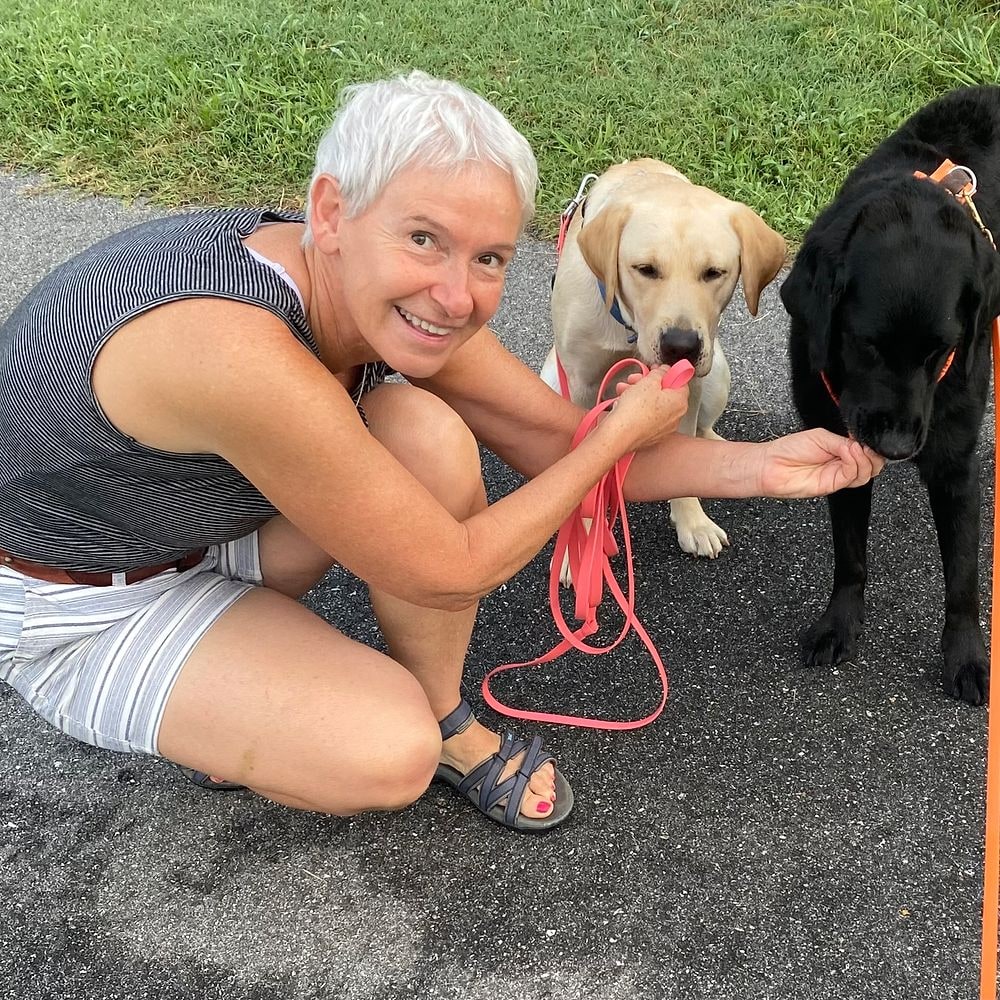 Eva Klenner smiling with two Labrador retrievers during training