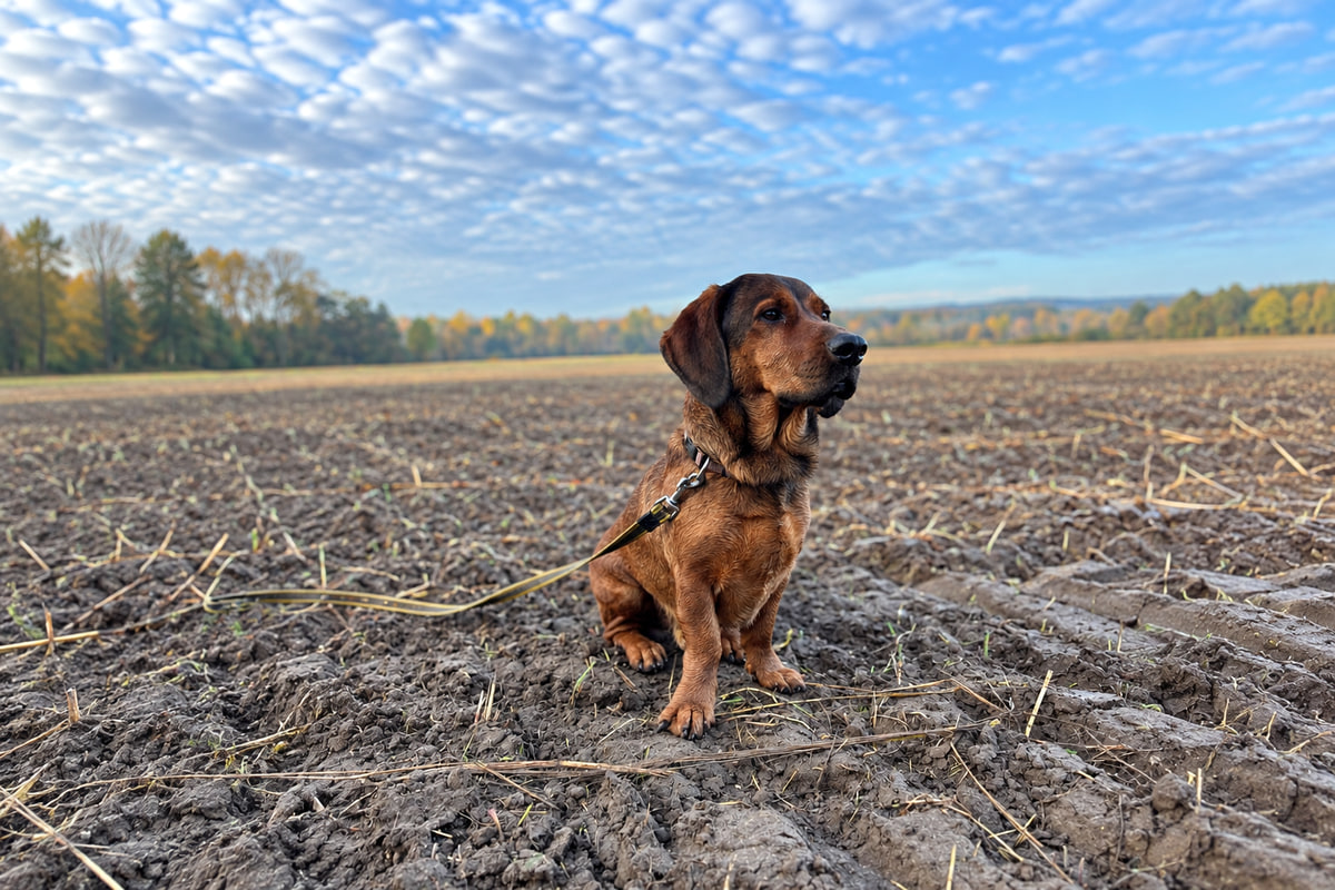 Dog exploring an open field during an outdoor training session