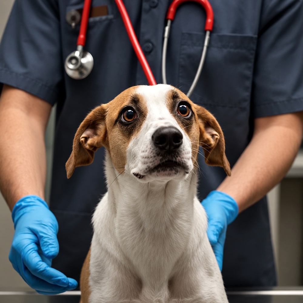 Dog receiving a calm cooperative veterinary check