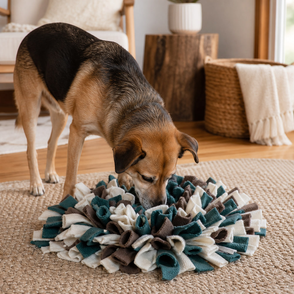 Dog foraging for food through a teal snuffle mat